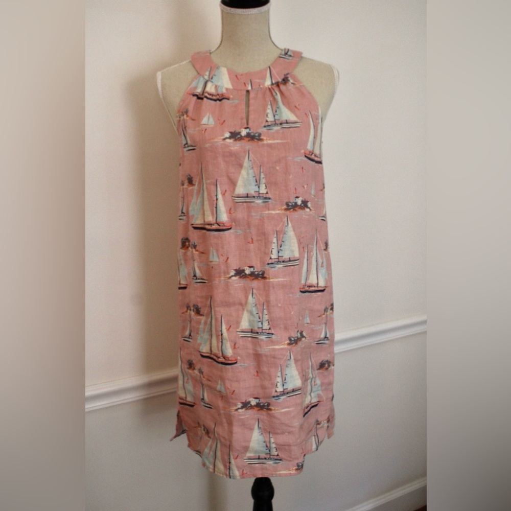 St. Tropez 100% Linen Pink White Sailboat Print Sleeveless Dress XS - Picture 2 of 14